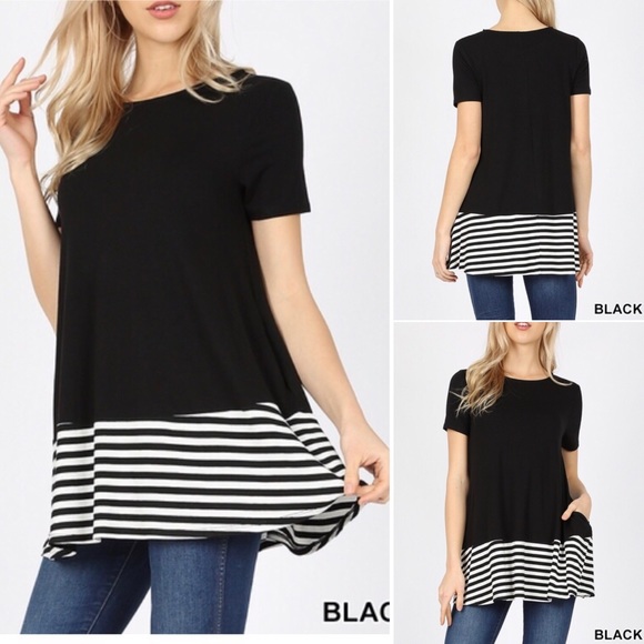 New Black Premium Short Sleeve Striped Top Pockets - Picture 4 of 8